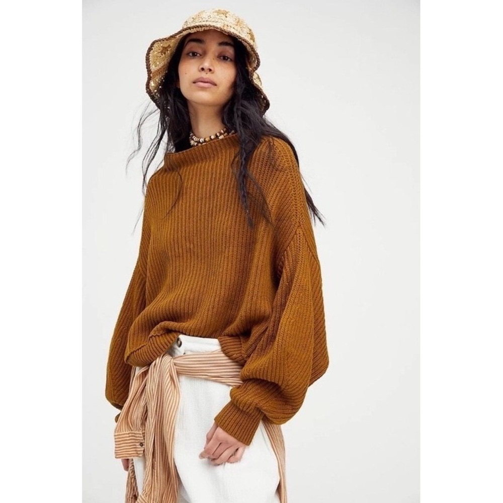 Free People Emmy Sweater Caramel Brown Ribbed Knit Mock Neck XS